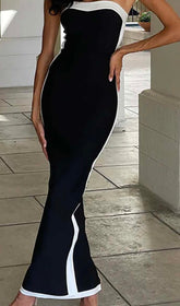 Robe longue fendue sans bretelles à bandes